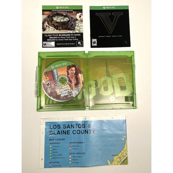 Grand Theft Auto V (Xbox One, 2014) COMPLETE w/ Box, Manuals, & Map TESTED EUC - Picture 1 of 3